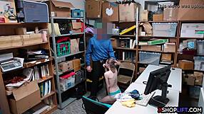 Russian chick with small boobs caught shoplifting and punished by blowjob and hard sex in the office
