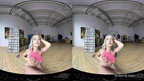 Beautiful blonde amateur with real breasts undressing in virtual reality