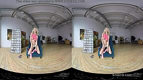Beautiful blonde amateur with real breasts undressing in virtual reality