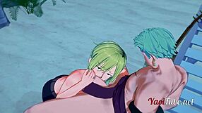 Japanese gay porn features Zoro and Sanji in beach scene