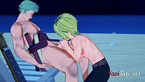Japanese gay porn features Zoro and Sanji in beach scene