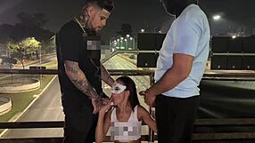Enjoying some blowjobs and deepthroat action on a bridge after a ride in the car