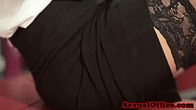 An elegant office worker with glasses has sex with a colleague