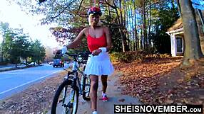 Big black cock penetrates ebony pussy after bike ride