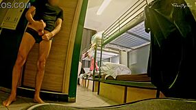 European hostel shower scene with solo pleasure and flashing