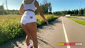 Beautiful woman with perfect ass in roller skates gets anal sex