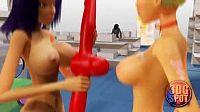 Busty babes try out double dildo in public shop