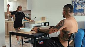 Young Latina housewife enjoys a steamy morning with her husband