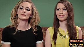 A BDSM threesome where one submissive is bound and fucked by two dominants while another submissive gives blow job