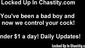Femdom bondage with chastity device and POV video