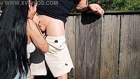 Public nature walk turns into sloppy blowjob and cum swap
