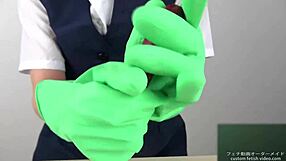Asian beauty gets a latex glove handjob