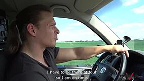 A dark-haired woman gets picked up and has sex in a van and gets cum inside her mouth