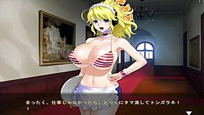 Hentai with a sexy maid and a big boobed girl in a game-themed scene