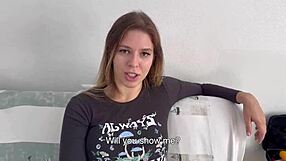Thirsty delivery girl gets cum on her big tits