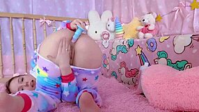 Beautiful anime babe in pajamas plays with her hole in bed