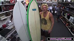 Young blonde bodybuilder surfs and has sex with gay men