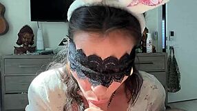 A beautiful woman in a bunny cos-play costume gives a blow job and wants to have sex