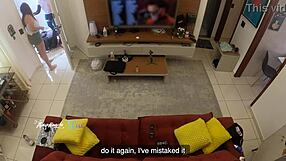 Hot wife Thay Ksada teases delivery man on sofa