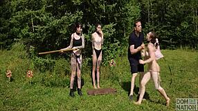 Submissive girl gets dominated and face fucked outdoors