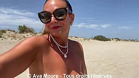 Slutty French girl gets covered in cum on beach