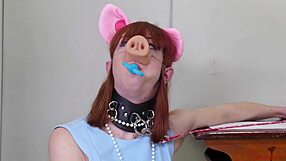 A BDSM pig slave is degraded and made to orally pleasure her dominant partner by sucking his anus