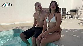 Step sister gives step brother a handjob by the pool
