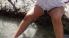 Public pussy display by horny Latina prostitute in action