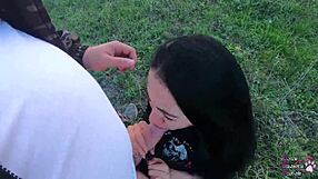 A petite brunette gets some outdoor action with a friend