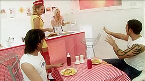 Waitress MILF showcase passionate 4some cuisine expertise