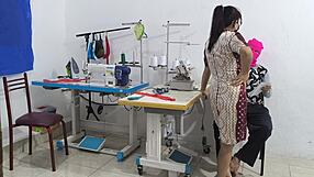 Intense seduction with Latina mature flashing ass in sewing workshop