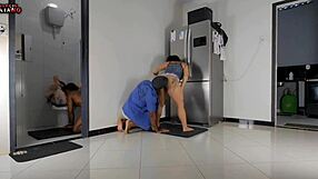 Spying on mom fucking stepdad in kitchen, so I give my ass to stepbrother in bathroom.
