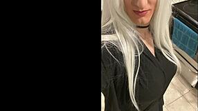 Platinum blonde in a dress has fun after a date