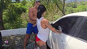 Colombian Athenea Rose bangs Max Betancur with his big cock at a public car wash.