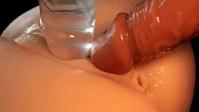 double hole action in my pink pussy toy play