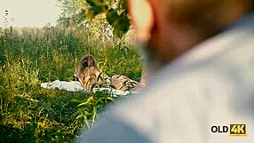 Handsome old man seduces busty gal for forest sex
