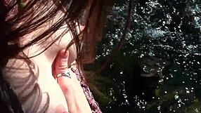 Sweet Slender Flower Girl Fingers Her Pussy with Vibrator in Nature