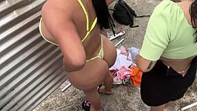 filming sensual women in beach dressing area
