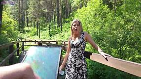 Sweet blonde girl uses a remote-controlled vibrator in the park. Her cute face shows pure orgasmic bliss.