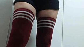 cheeky change room try on with topless slutty tops. nude in thigh high socks without panties.