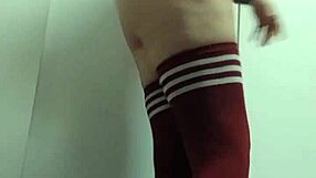 cheeky change room try on with topless slutty tops. nude in thigh high socks without panties.