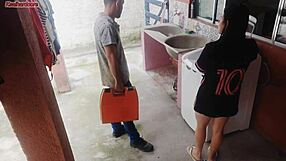 Damn, married housewife pays washing machine tech with her big Brazilian ass! Her cuckold husband is out while she gets pounded.