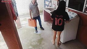 Damn, married housewife pays washing machine tech with her big Brazilian ass! Her cuckold husband is out while she gets pounded.