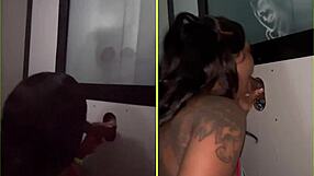 Gloryhole action with strangers getting deepthroat from eager ebony amateur