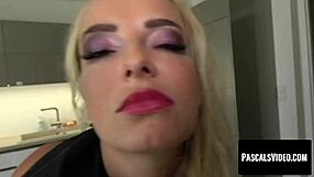 Victoria Pure sticks out her tongue for cum while bound in BDSM domination with strapon and vibrator