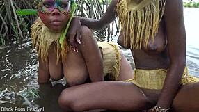My two African Zulu wives bathing outdoors in village with big tits and skinny bodies