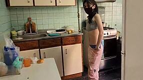 fuck the service employee in the kitchen with blowjob and big tits action